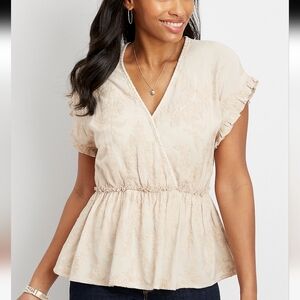 Maurices Beige Faux Wrap Floral Embroidered Peplum Blouse Womens Size M